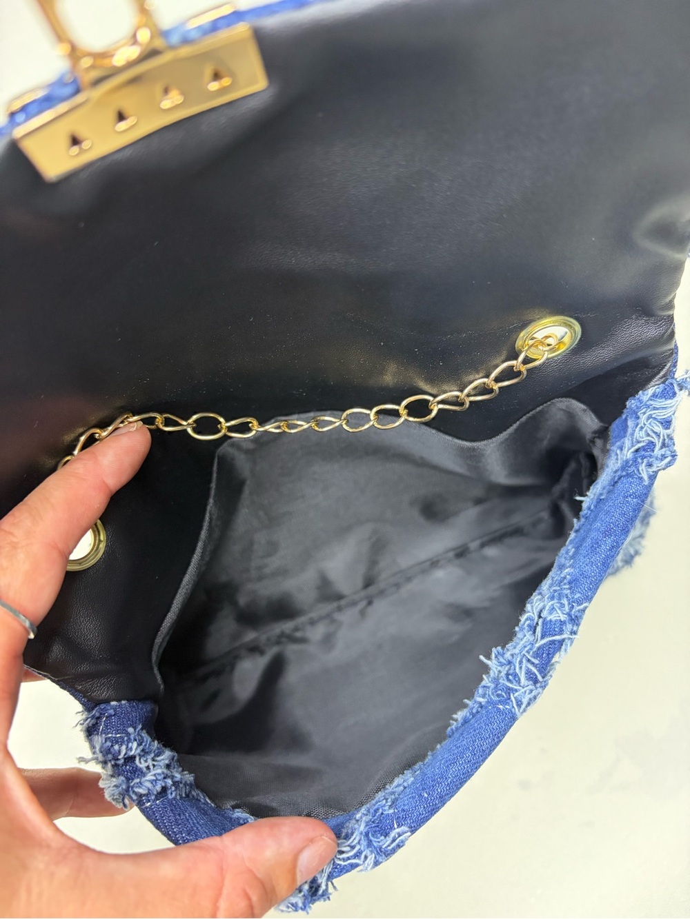 Denim Fringe Chain Shoulder Bag - Blue